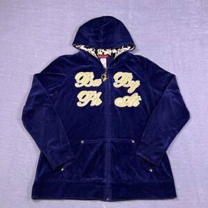 Baby Phat Velour Zip Up Hoodie Logo Cat Y2K Sweatshirt Women 1X Navy Blue Gold